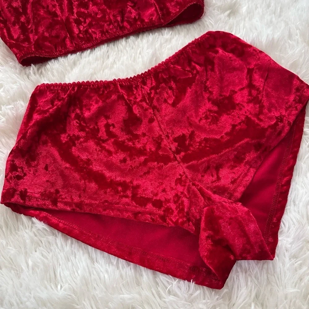 Crushed Red Velvet Cami & Shorts Lounge Pajama Set |‎ Holiday Sleepwear Size S